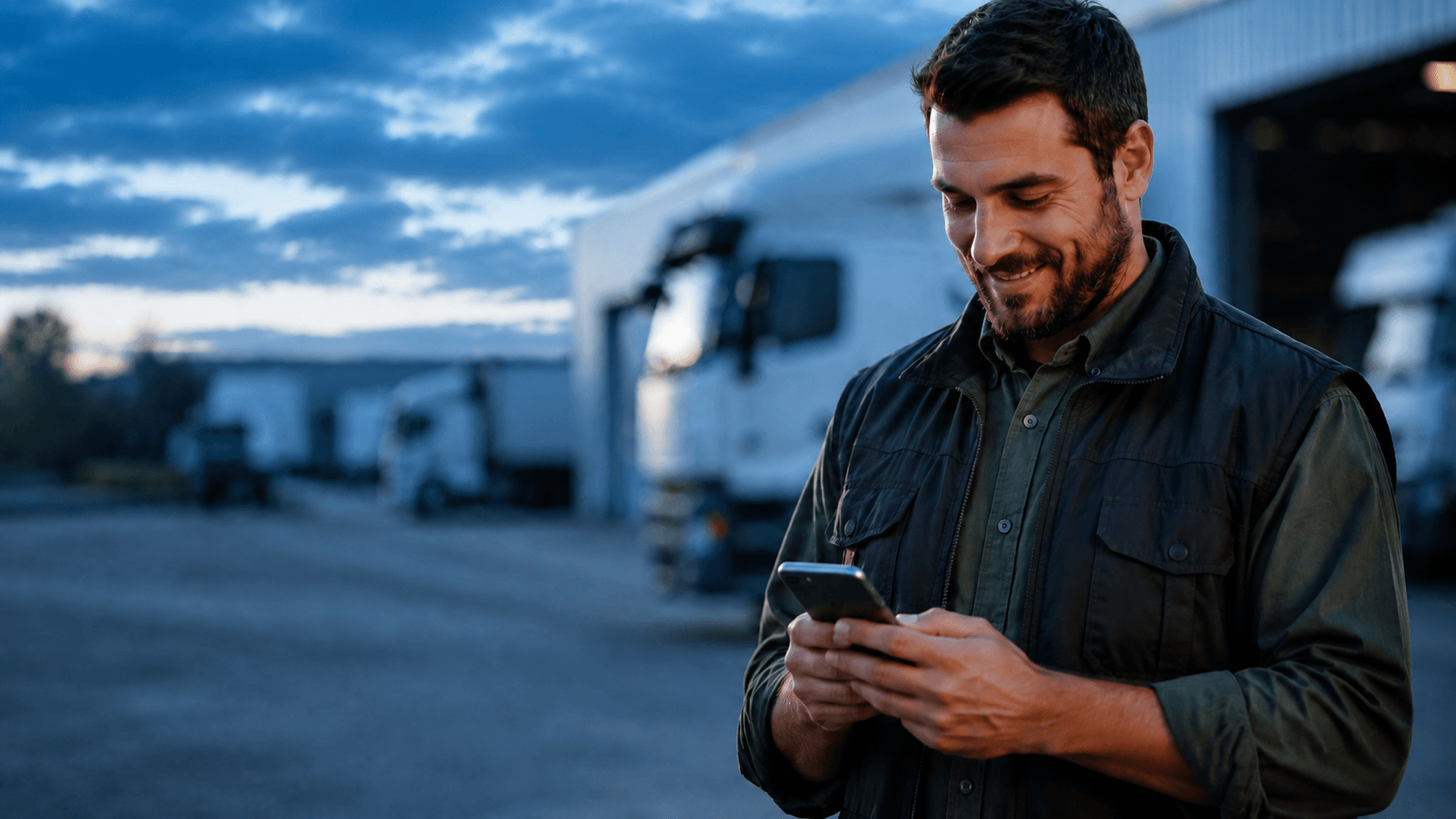 Motorista sorrindo ao conferir uma mensagem no celular