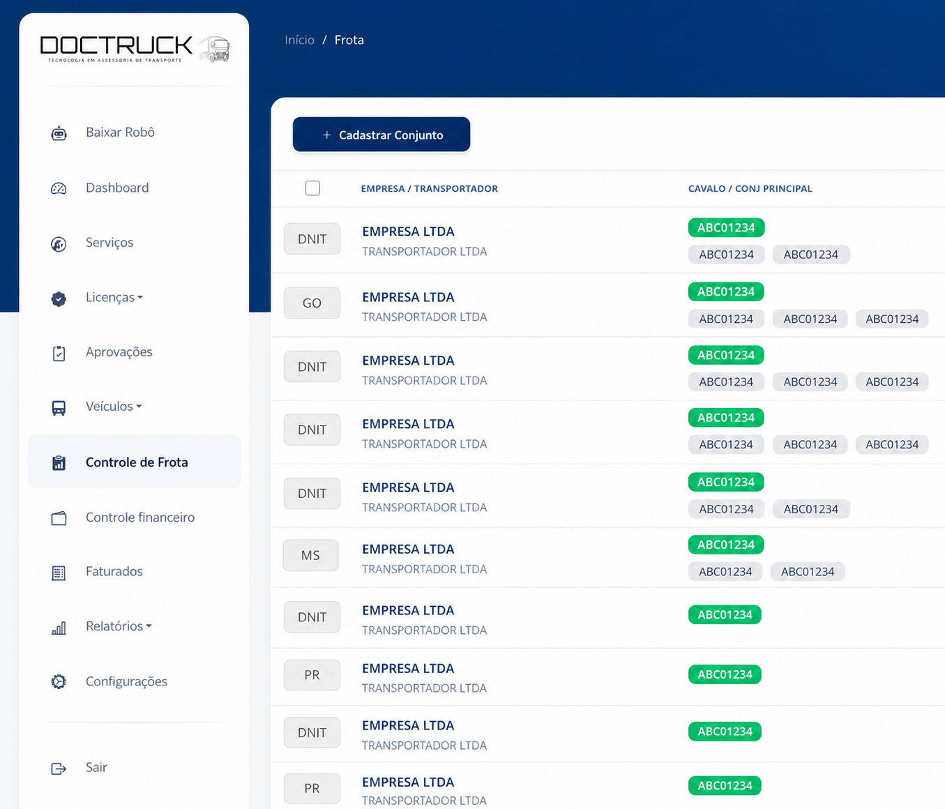 Tela de controle de frota da plataforma Doctruck